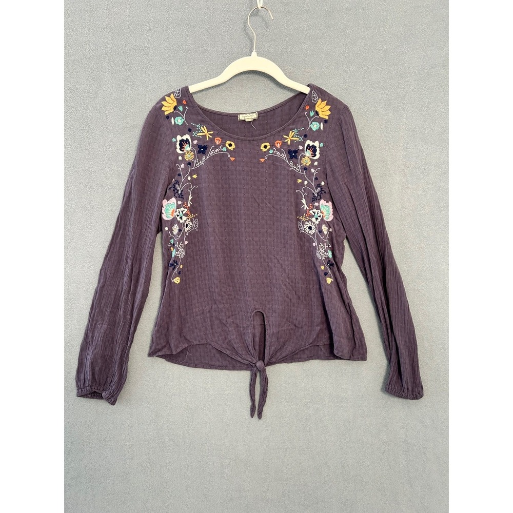 Eyeshadow Womens Purple Floral Embroidered Tie Front Top Long Sleeve Boho M